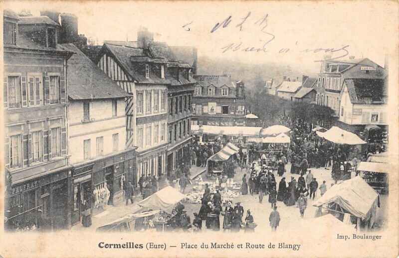 Carte postale ancienne Cormeilles - Place Du Marche Et Route De Blangy à Cormeilles