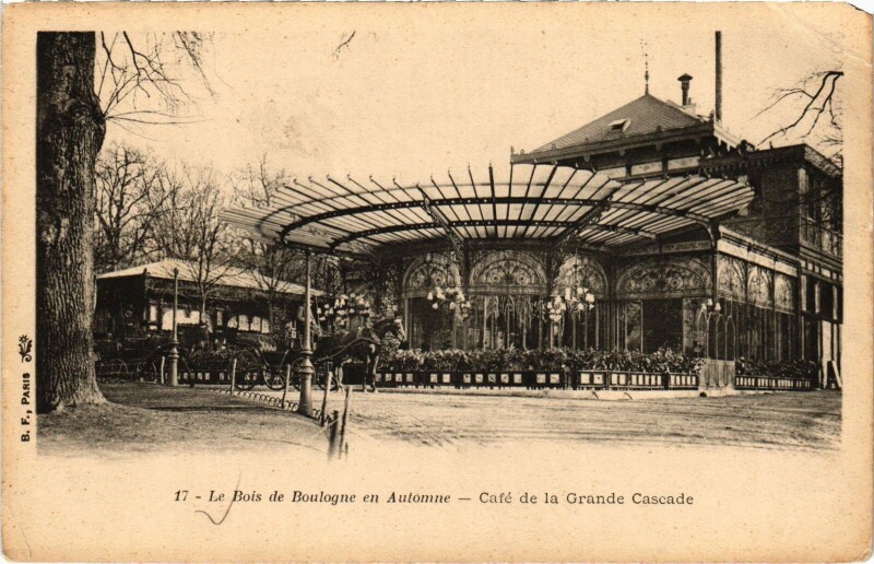 Carte postale ancienne Le Bois de Boulogne en Automne - Café de la Grande Cascade à Paris 16e