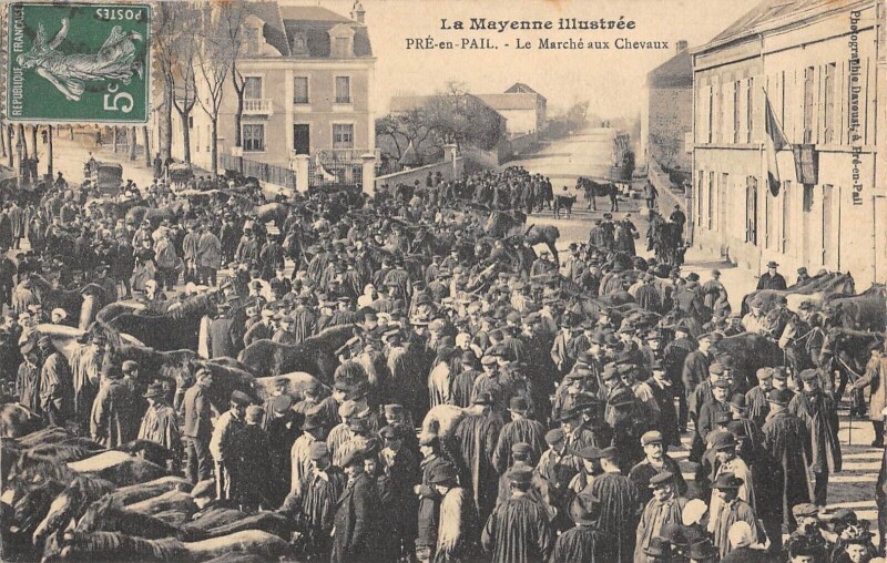 Carte postale ancienne Pre En Pail - Le Marche Aux Chevaux