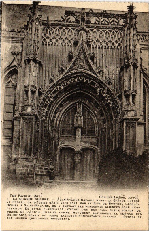 Carte postale ancienne Ablain-Saint-Nazaire Eglise Portail Guerre à Ablain-Saint-Nazaire
