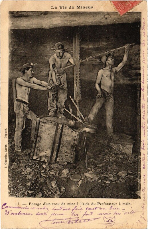 Carte postale ancienne La Vie du Mineur Forage d'un trou Perforateur a main Mining