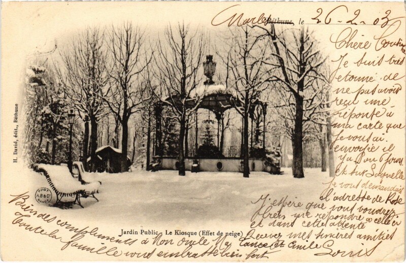 Carte postale ancienne Béthune jardin Public Le Kiosque Neige, winter à Béthune