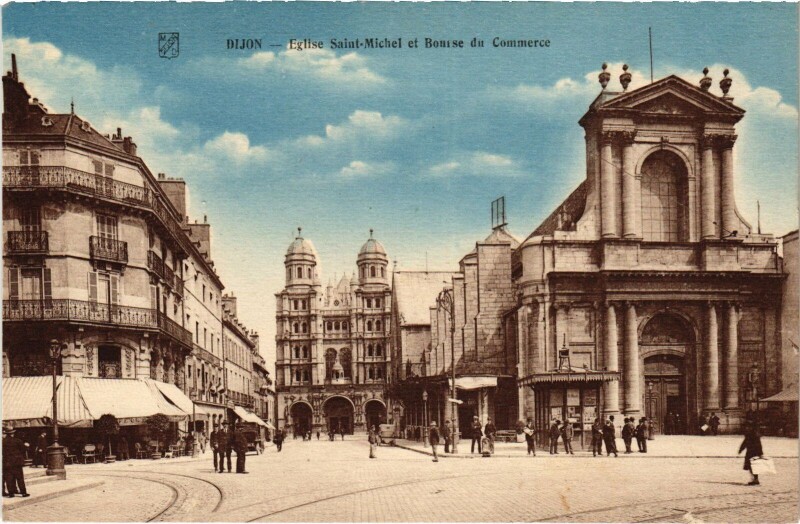 Carte postale ancienne Dijon Bourse Commerce et Eglise Saint-Michel à Dijon