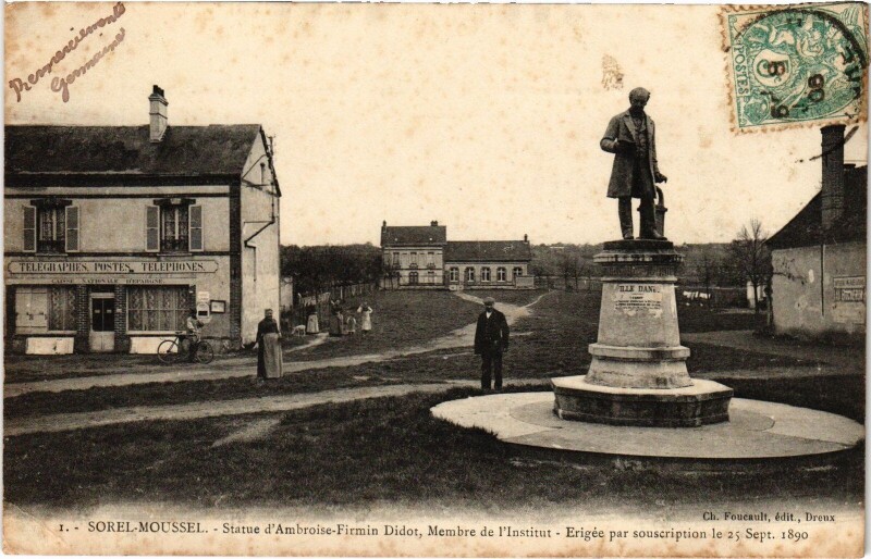 Carte postale ancienne Sorel-Moussel Statue d'Ambroise-firmin Didot à Sorel-Moussel