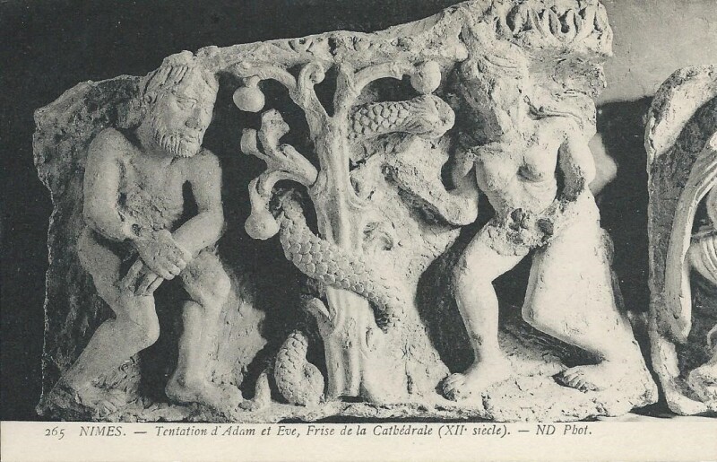 Carte postale ancienne Tentation d'Adam et Eve à Nîmes