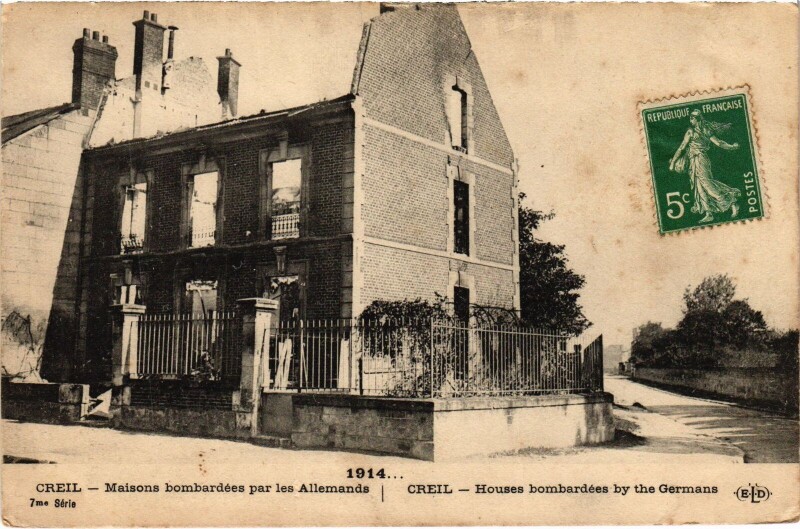 Carte postale ancienne Creil Maisons bombardées Guerre à Creil