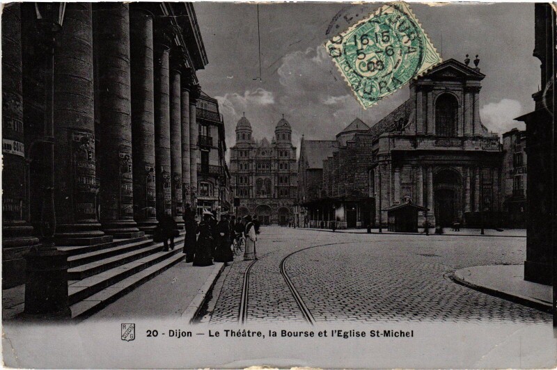 Carte postale ancienne Dijon Le Theatre,la Bourse et l'Eglise Saint-Michel France à Dijon