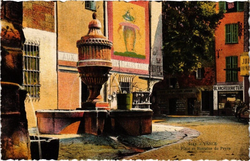 Carte postale ancienne Vence Place et Fontaine du Peyra à Vence