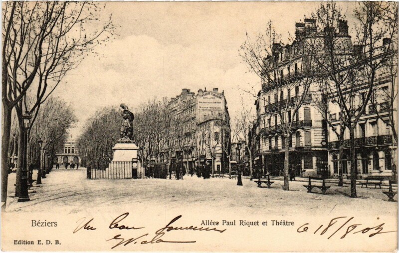 Carte postale ancienne Béziers Allée Paul Riquet et Théatre à Béziers
