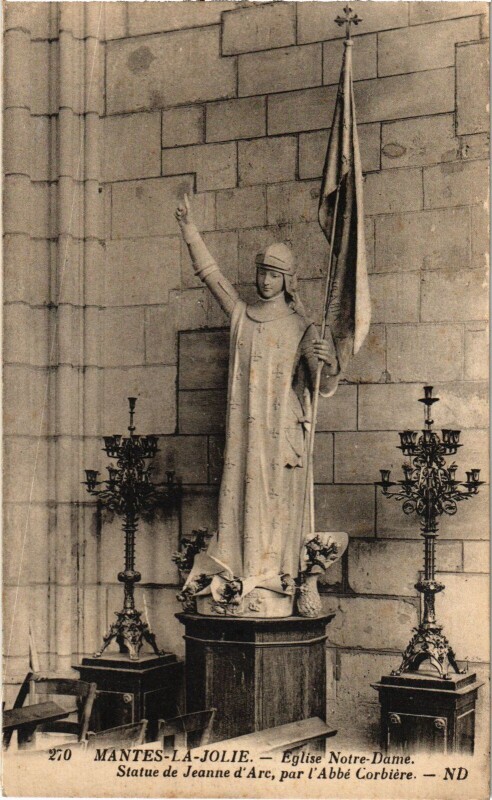Carte postale ancienne Mantes-la-Jolie L'Eglise Notre-Dame - Statue de Jeanne d'Arc à Mantes-la-Jolie