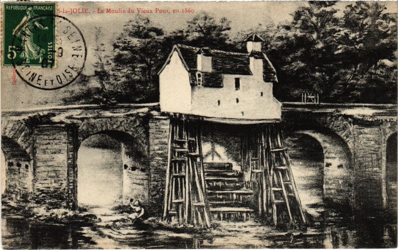 Carte postale ancienne Mantes-la-Jolie Le Moulin du Vieux Pont en 1860 à Mantes-la-Jolie
