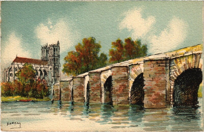 Carte postale ancienne Mantes-la-Jolie Le Vieux-Pont et la Cathedrale à Mantes-la-Jolie