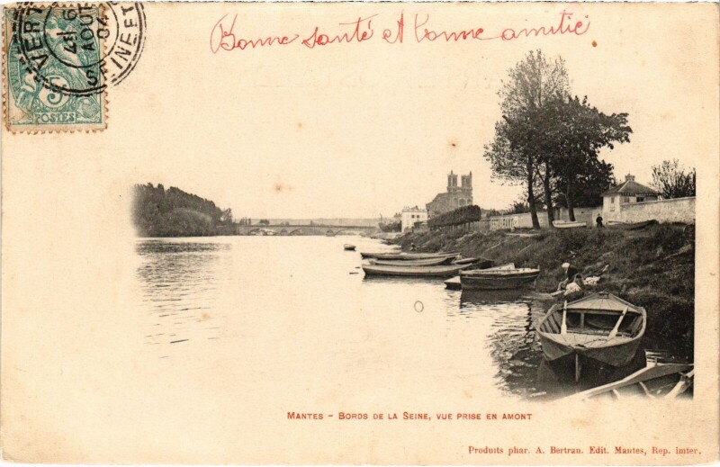 Carte postale ancienne Mantes-la-Jolie Bords de la Seine - Vue prise en Amont à Mantes-la-Jolie