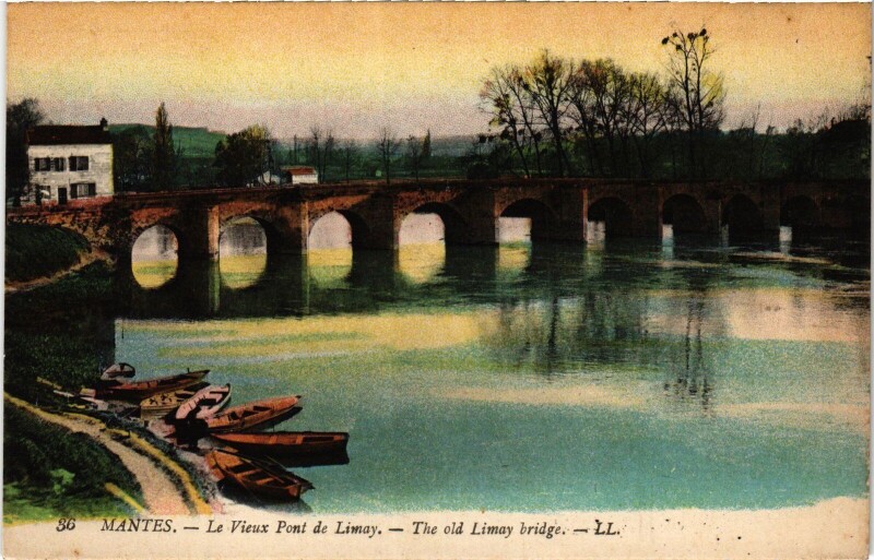 Carte postale ancienne Mantes-la-Jolie Le Vieux Pont de Limay à Limay