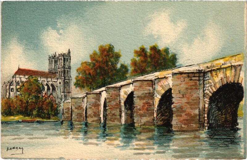 Carte postale ancienne Mantes-la-Jolie Le Vieux-Pont et la Cathedrale à Mantes-la-Jolie