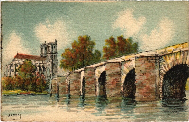 Carte postale ancienne Mantes-la-Jolie Le Vieux Pont et la Cathedrale à Mantes-la-Jolie