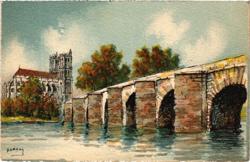 Carte postale ancienne Mantes-la-Jolie Le Vieux-Pont et la Cathedrale à Mantes-la-Jolie