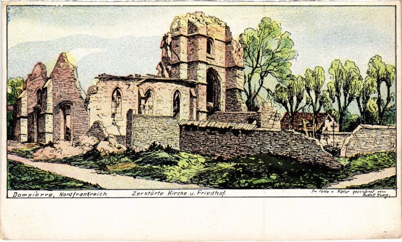Carte postale ancienne Dompierre Eglise Guerre à Dompierre