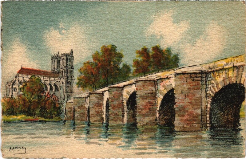 Carte postale ancienne Mantes-la-Jolie Le Vieux Pont et la Cathedrale à Mantes-la-Jolie