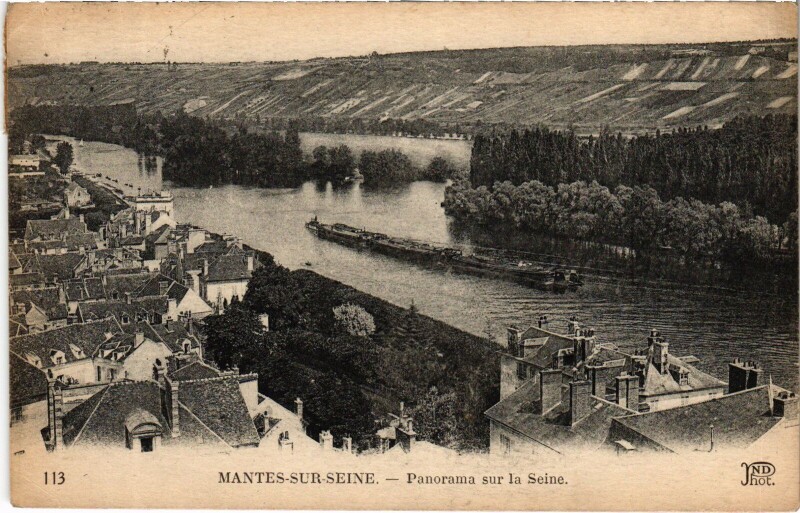 Carte postale ancienne Mantes-la-Jolie Panorama sur la Seine à Mantes-la-Jolie