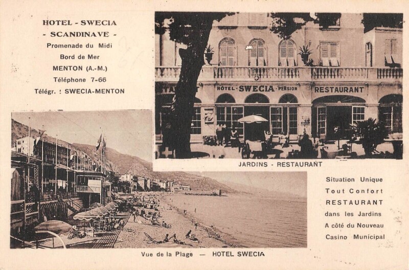 Carte postale ancienne Menton - Hotel Scandinave - Hotel Swecia - Restaurant Locarno à Menton