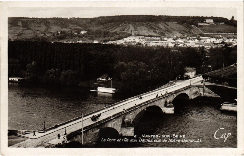 Carte postale ancienne Mantes-la-Jolie Le Pont et l'Ile aux Dames vus de Notre-Dame à Mantes-la-Jolie