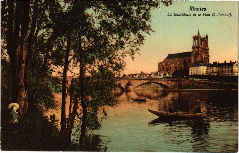 Carte postale ancienne Mantes-la-Jolie La Cathedrale et le Pont à Mantes-la-Jolie