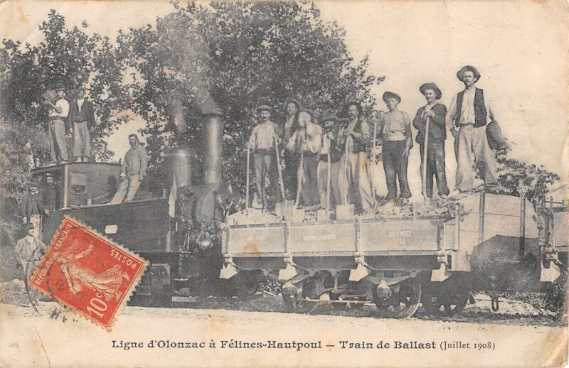 Carte postale ancienne Ligne D'Olonzac A Felines Hautpoul - Train De Ballast - Juillet 1908 rare à Olonzac