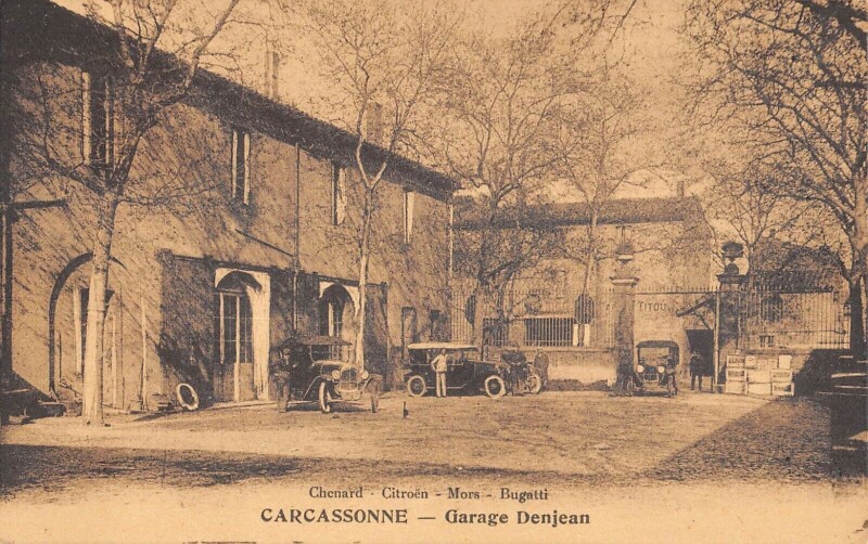 Carte postale ancienne Carcassonne / Garage Denjean / Chenard / Citroen / Mors / Bugatti à Carcassonne