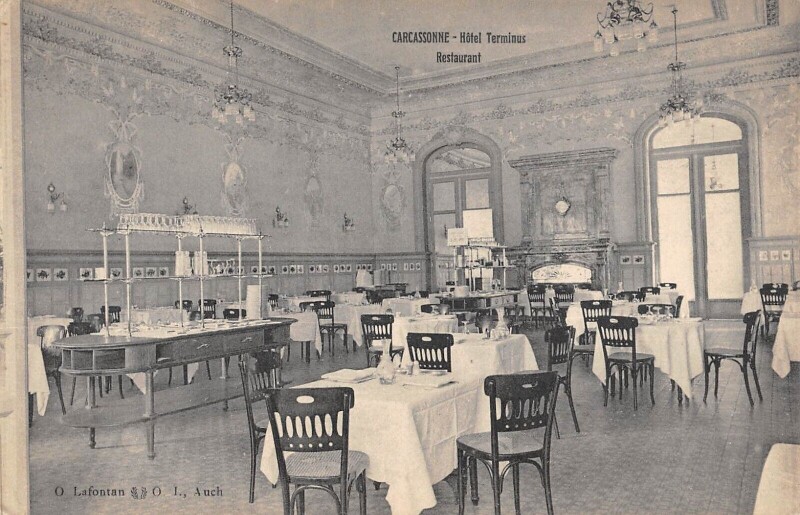 Carte postale ancienne Carcassonne - Hotel Terminus - Restaurant - cliché rare à Carcassonne