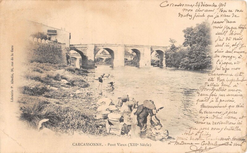 Carte postale ancienne Carcassonne - Pont Vieux - Lavandieres à Carcassonne