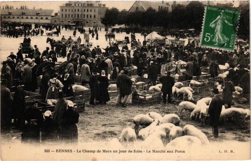 Carte postale ancienne Rennes - Le Champ de Mars un jour de foire â€“ le marché aux porcs à Rennes