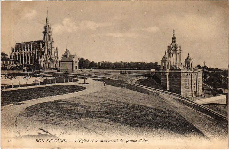 Carte postale ancienne Bon-Secours Eglise et Monument de JEanne d'Arc