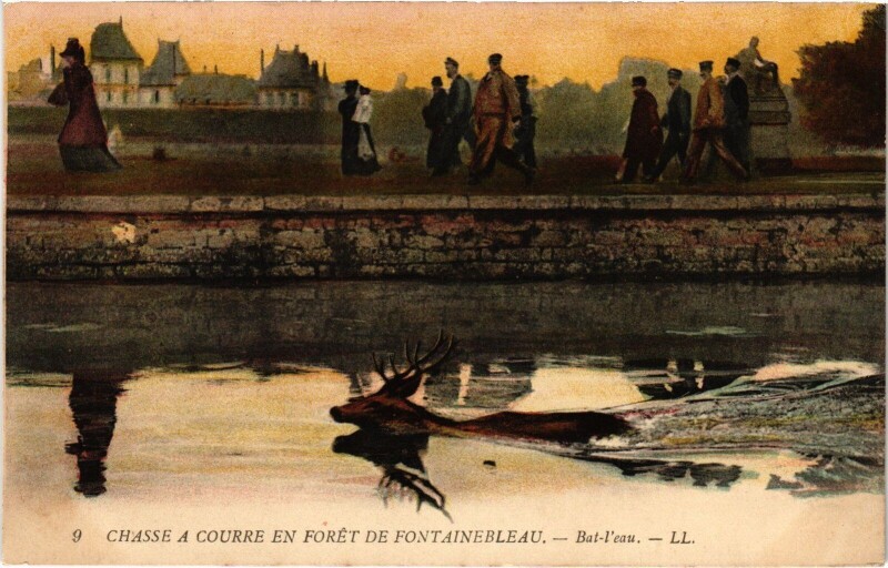 Carte postale ancienne Foret de Fontainebleau Chasse a courre bat-l'eau Hunting à Fontainebleau