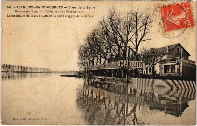 Carte postale ancienne Villeneuve-Saint-Georges Restaurant Raquin Inondations à Villeneuve-Saint-Georges