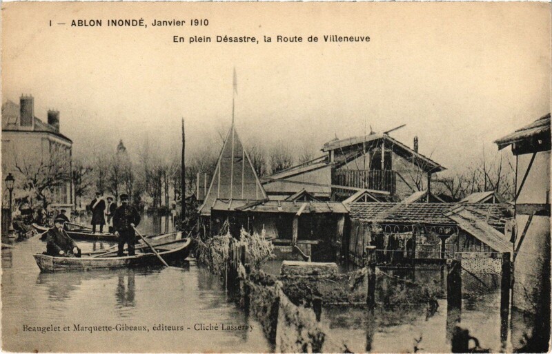 Carte postale ancienne Ablon Route de Villeneuve Inondations