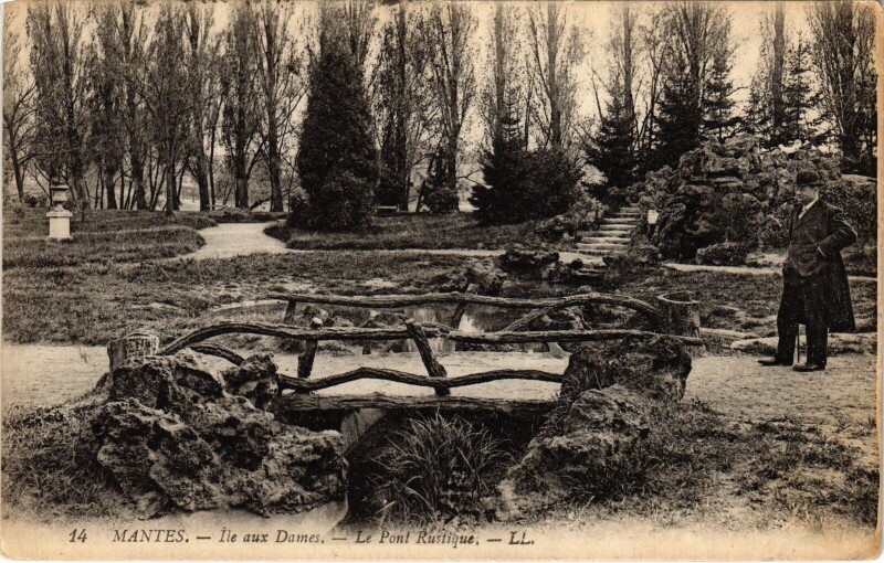 Carte postale ancienne Mantes-la-Jolie L'Ile aux Dames - Pont Rustique à Mantes-la-Jolie