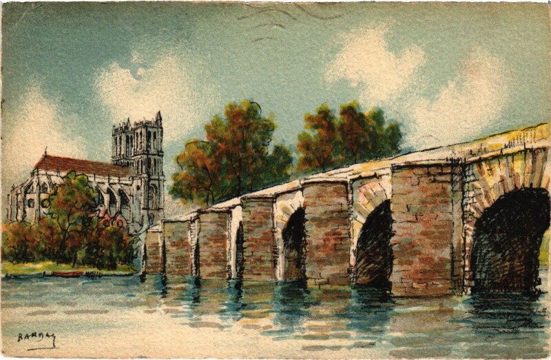 Carte postale ancienne Mantes-la-Jolie Vieux Pont - Cathedrale à Mantes-la-Jolie
