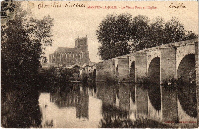 Carte postale ancienne Mantes-la-Jolie Vieux Pont - Eglise à Mantes-la-Jolie