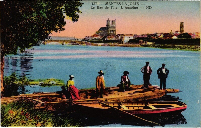 Carte postale ancienne Mantes-la-Jolie Le Bac de l'Ile - L'Automne à Mantes-la-Jolie