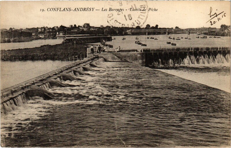Carte postale ancienne Conflans-Sainte-Honorine Andresy - Les Barrages - Limite de Peche à Conflans-Sainte-Honorine