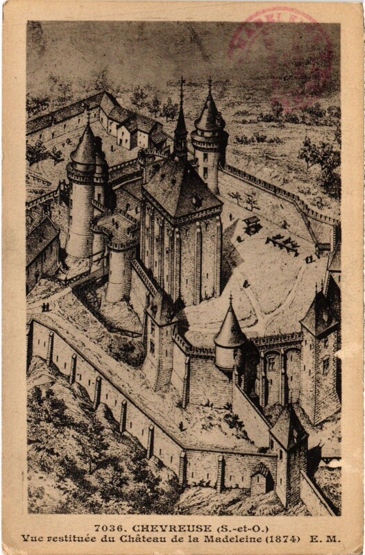 Carte postale ancienne Chevreuse Vue Restituee du Chateau de la Madeleine à Chevreuse