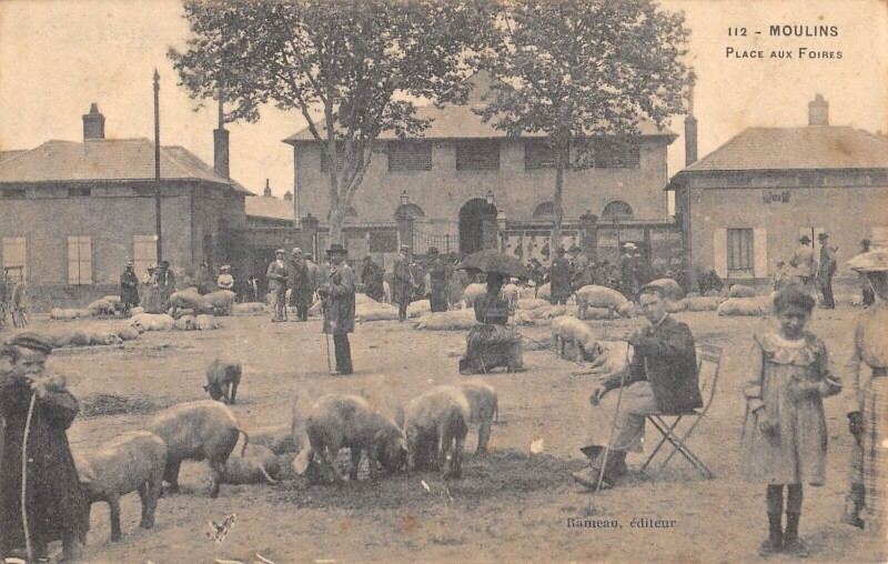 Carte postale ancienne Moulins - Place Aux Foires - Marche Aux Cochons à Moulins