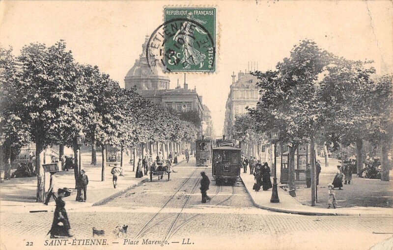 Carte postale ancienne Saint Etienne - Place Marengo - Tramway