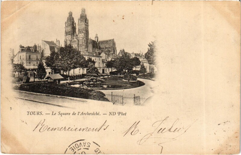 Carte postale ancienne Tours Square de l'Archeveche à Tours