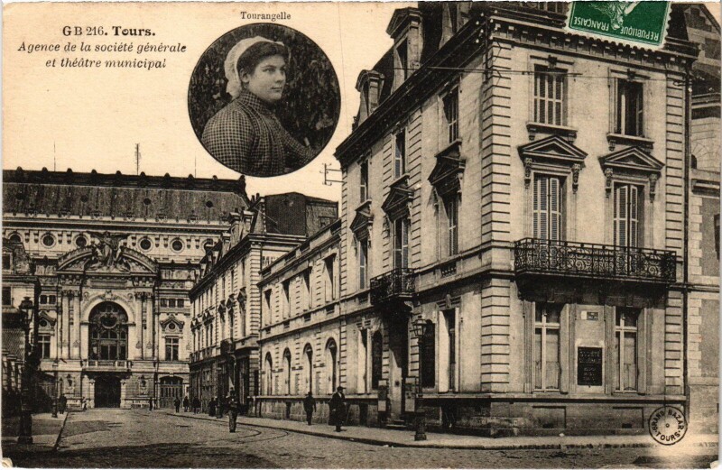 Carte postale ancienne Tours Agence de la societe generale Theatre Municipal à Tours