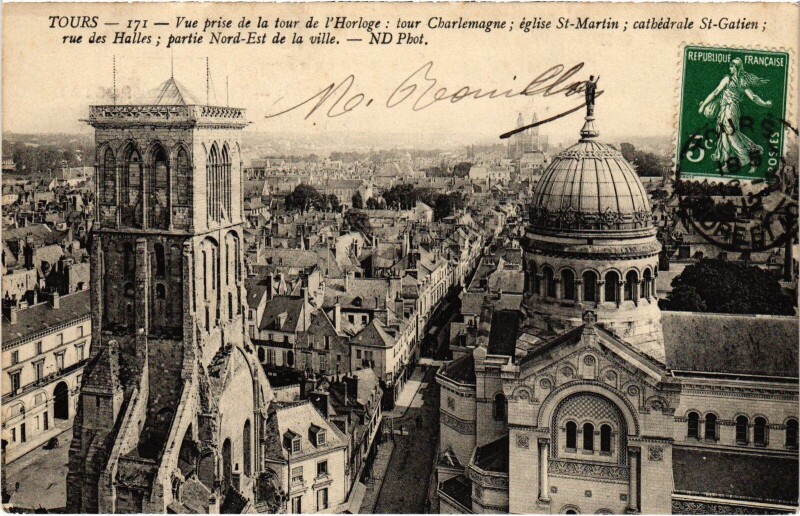 Carte postale ancienne Tours vue prise de la tour de l'Horloge à Tours