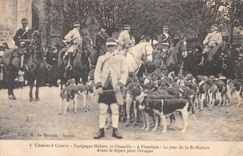 Carte postale ancienne Chasses A Courre - Equipages Halatte Et Chantilly - A Fleurines - Jour St à Antilly