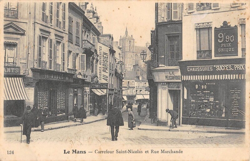 Carte postale ancienne Le Mans - Carrefour Saint Nicolas Et Rue Marchande au Mans