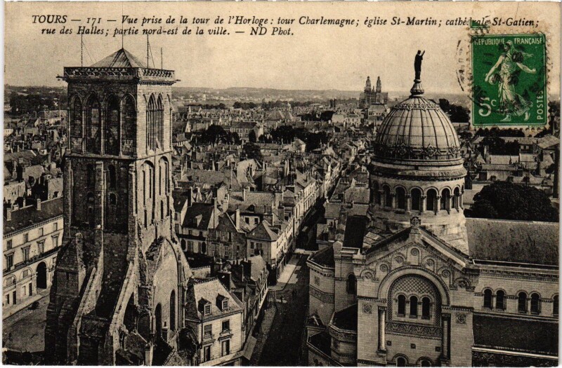 Carte postale ancienne Tours vue prise de la Tour de l'Horloge à Tours